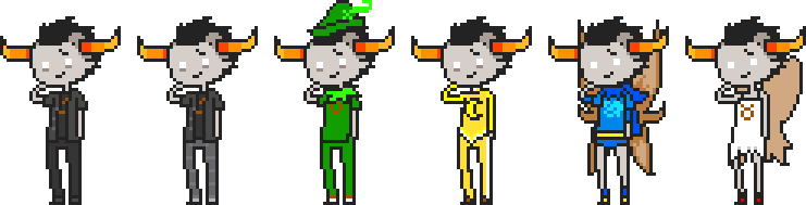 Multiple ministrife ghost Tavros sprites! In right-to-left order, Tavros in her normal outfit, Tavros with robotic leg prosthetics, Tavros in her Boy Skylark outfit, Tavros in her Prospit pajamas, a winged and god-tier Tavros in her Page of Breath outfit, and a Tavros in a fairy outfit, complete with wings.